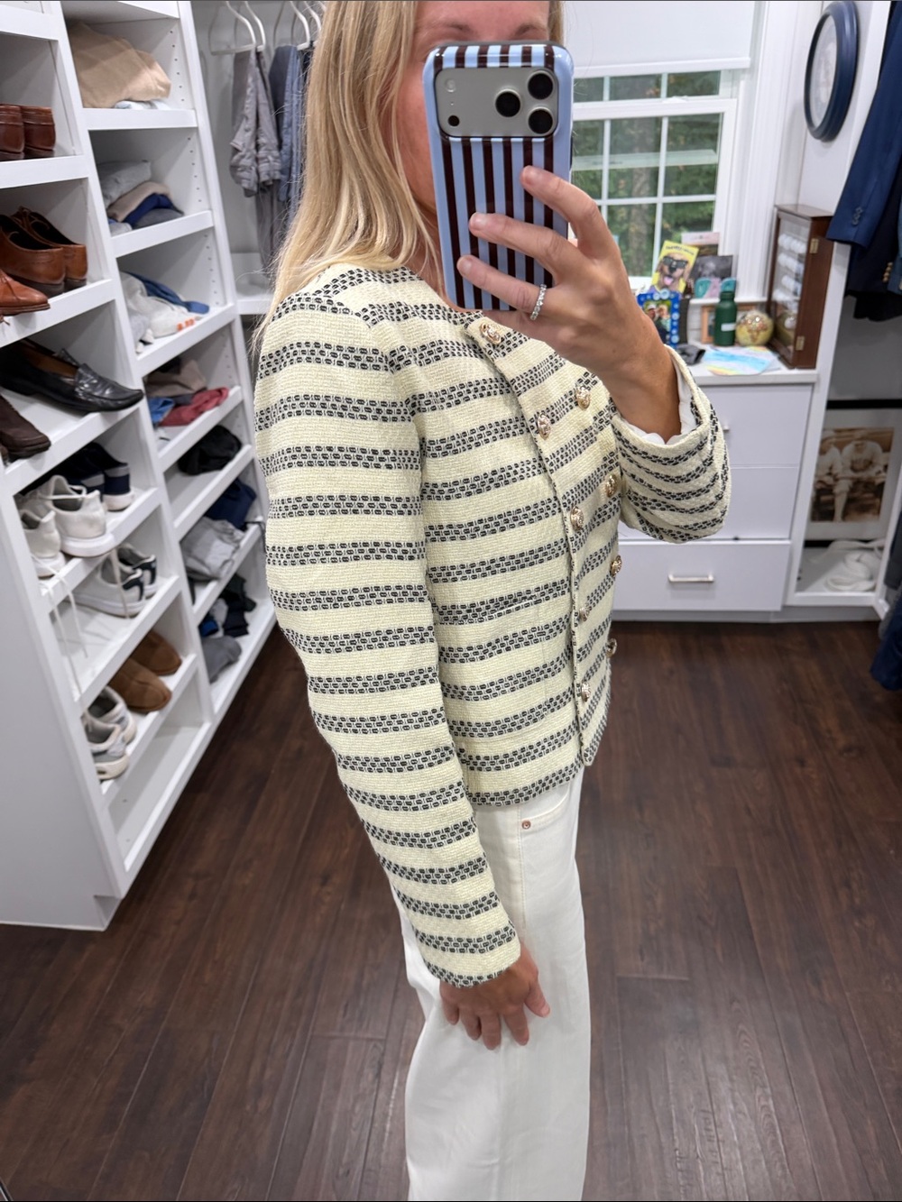 Amazon Cream & Navy Striped Double-Breasted Knit Jacket - Picture 5 of 7